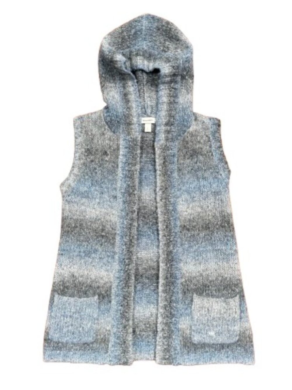 Dressbarn Hooded Open Cardigan Vest Sweater Wool Blend Blue Gray Stripe Size S